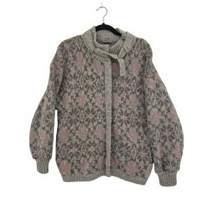 Hilda Ltd Icelandic Wool Cardigan Sweater Grey Pink Fair Isle Vintage Womens S